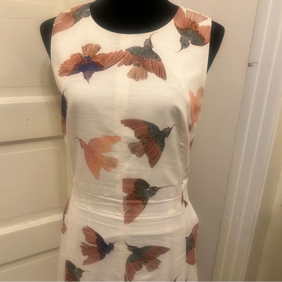 MM LaFleur Cream Midi Dress with Bird Print Resort Coastal Nature Sleeveless - Picture 2 of 11